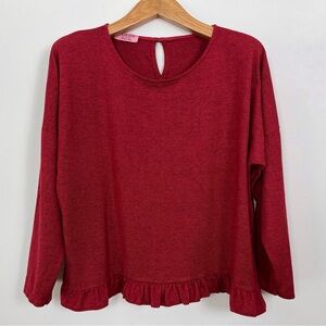 Via‎ Vitale Red Cotton Wool Long Sleeve Ruffle Hem Bohemian Crewneck Top Size XL